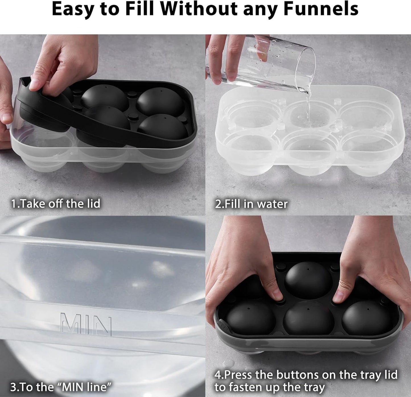 2.5inch Spherical Ice Ball Tray For Whiskey, Big Ice Freezer Mold for Cocktails，Easy Fill In & Release Ice Cube Mold, Durable &Reusable Spherical Ice Maker (Black)