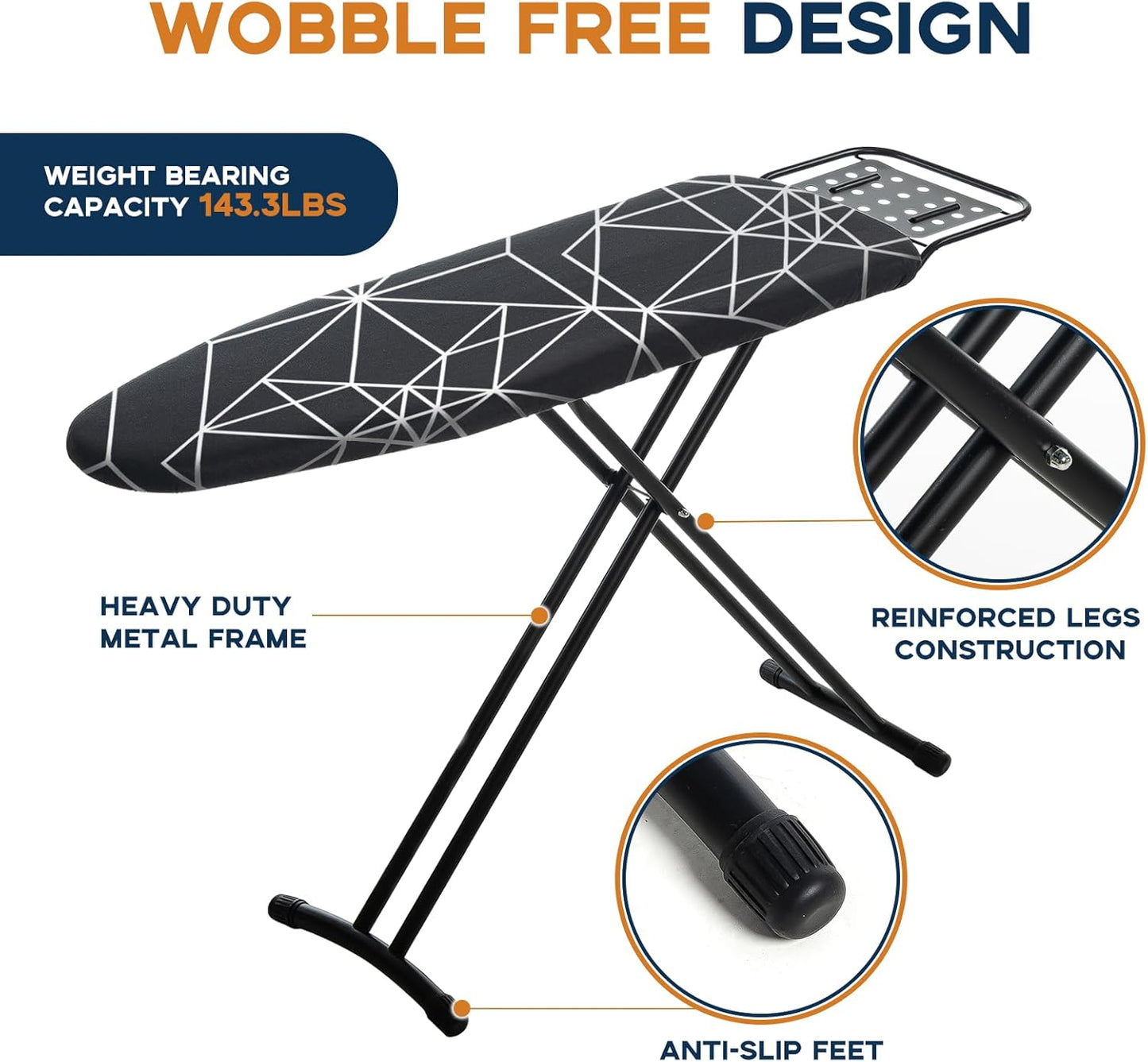 Ironing Board 43x13, Compact Iron Board Full Size with Heavy Duty Iron Rest, Thick Padded Cover, Adjustable Height, Sturdy Lightweight Steel Legs, Black