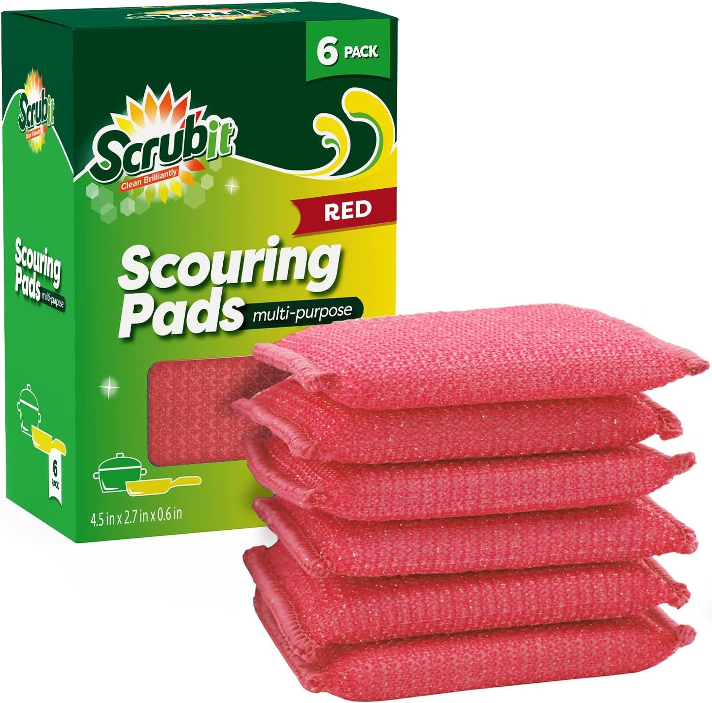 SCRUBIT Multi-Purpose Scouring Pad - Non-Scratch Cleaning Sponges for Pots, Pans, Dishes, Utensils & Non-Stick Cookware - Scrubbing Pads Use for Kitchen, Bathroom - 6 Pack Dish Sponge- (Red)