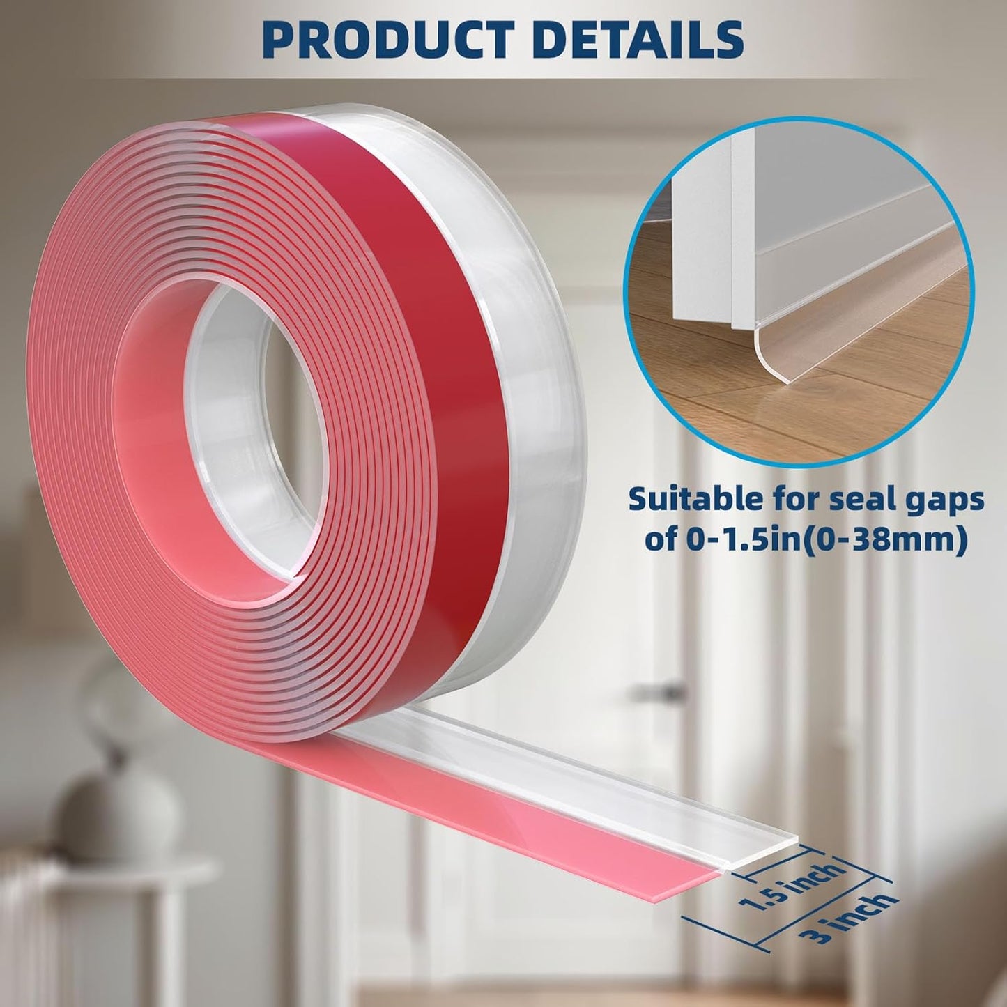 Heavy-Duty 36 ft x 3 in Weather Stripping, Extra Thick 2mm Door Draft Stopper Silicone Seal Strip for House and Glass Shower Doors for Collision and Side Gaps of Door and Windows, Clear
