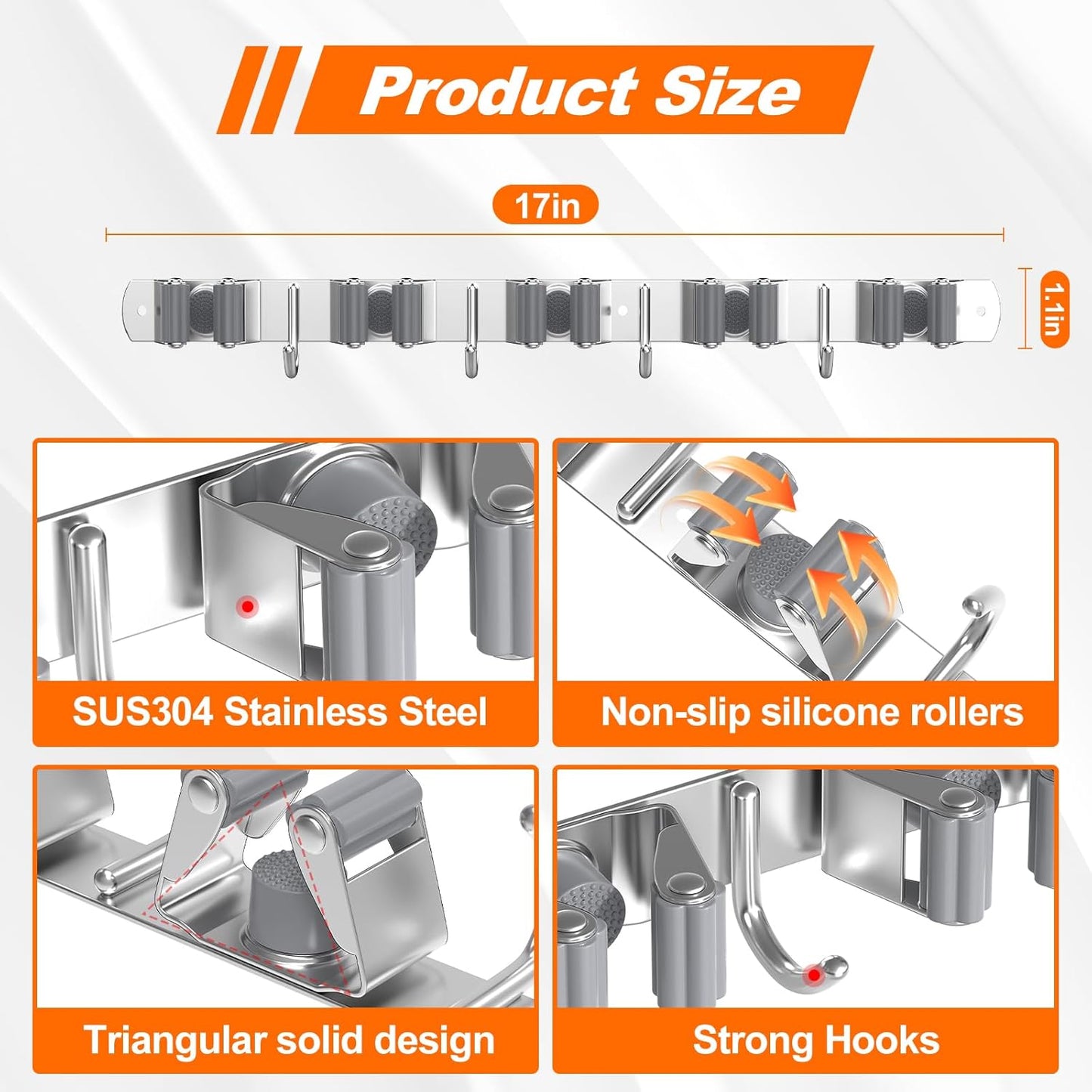 Broom Holder Wall Mount, Mop and Broom Organizer Broom Hanger Storage Tool Utility Racks Stainless Steel Wall Hooks Solid Mop Rack for Home Kitchen Garden Laundry Garage (5 Racks 4 Hooks)