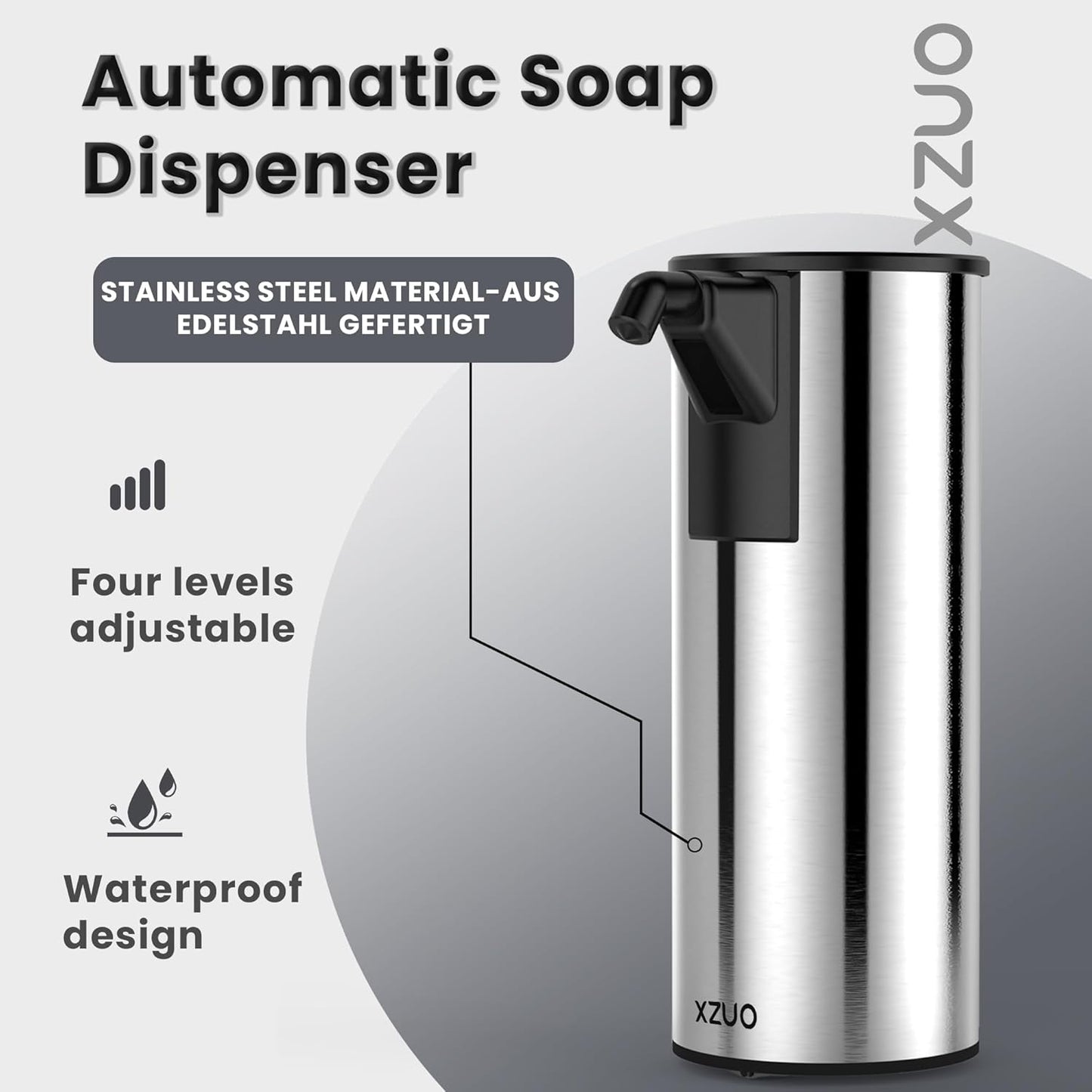 Automatic Soap Dispenser Touchless 11.8oz 4-Level Adjustment Auto Hand Soap Dispenser Stainless Steel Rechargeable for Bathroom Kitchen Hotel(Silver+Silver)