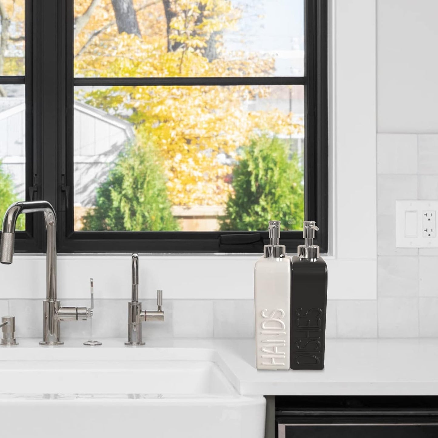 Soap Dispenser Set with Funnel, Non-Slip Silicone Pads, 2 Pack Ceramic Refillable Dish Soap and Hand Soap Dispenser for Kitchen, Bathroom, Matte Black and White