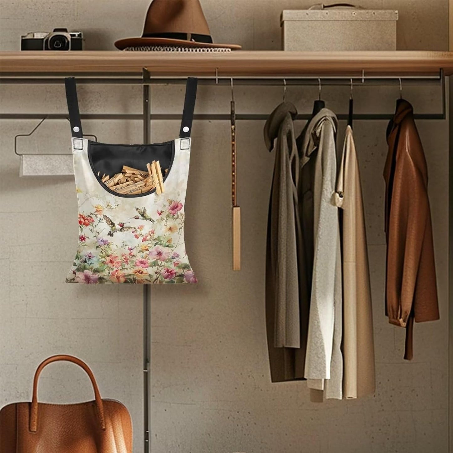 2 Pcs Hummingbird Pink Clothespin Bag, Large Clothes Pin Hanging Bag, Pin Bag with Large Opening for Clothes Lines Outside Yard Home Decoration