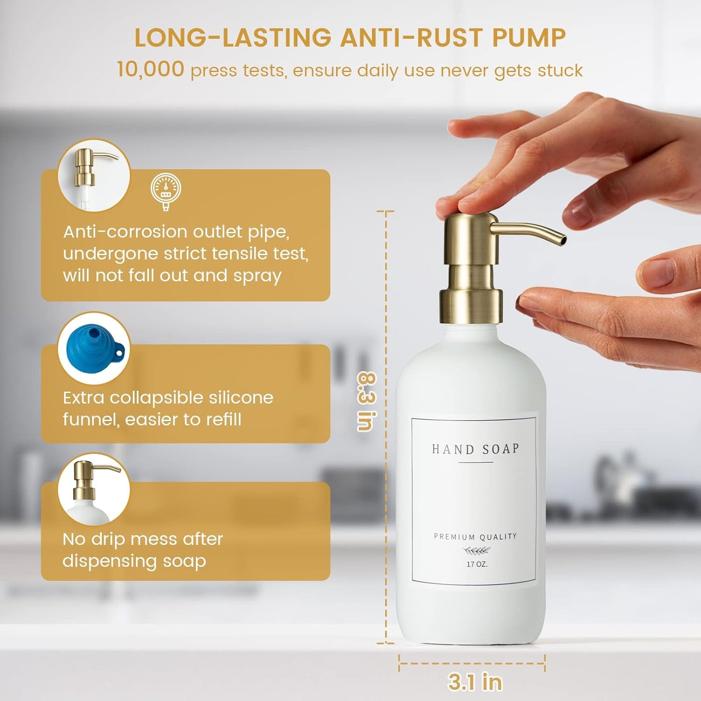 Glass Soap Dispenser for Kitchen Sink,Farmhouse Kitchen Dish Soap Dispenser&Hand Soap Dispenser Set,Rustproof Pump Soap Lotion Dispenser Bathroom with Tray,Waterproof Label for Decor(White