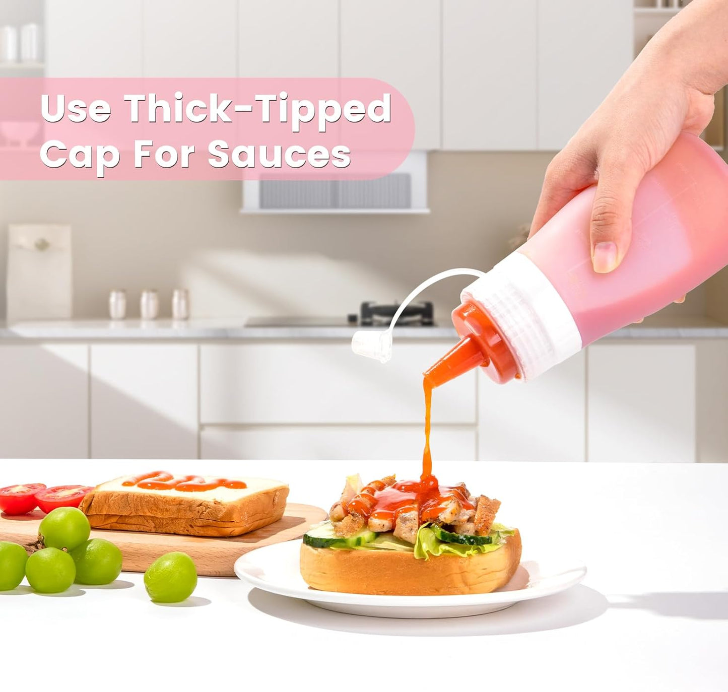 Condiment Squeeze Bottles, 16 oz Silicone Squeeze Bottles For Sauces, Leak Proof Condiment Containers with Extra Interchangeable lid, Easy Squeeze for Oil, Honey & Dressings, BPA FREE (4 Pack)