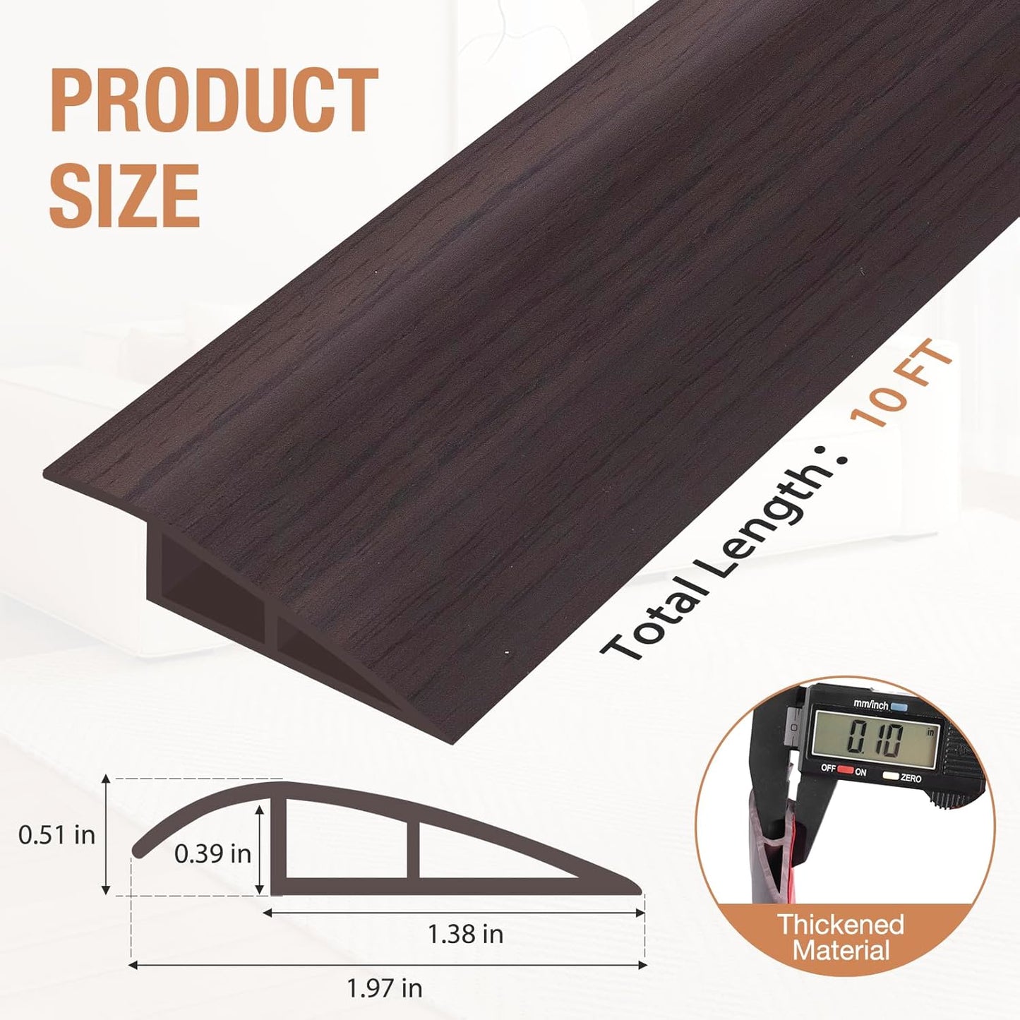 Floor Transition Strip Self Adhesive Vinyl Door Threshold for Doorways Carpet Edging Trim Overlap Edge Reducer for Laminate Floor, Carpet, Tile (Dark Walnut Grain, 1/5" to 2/5", 10Ft)