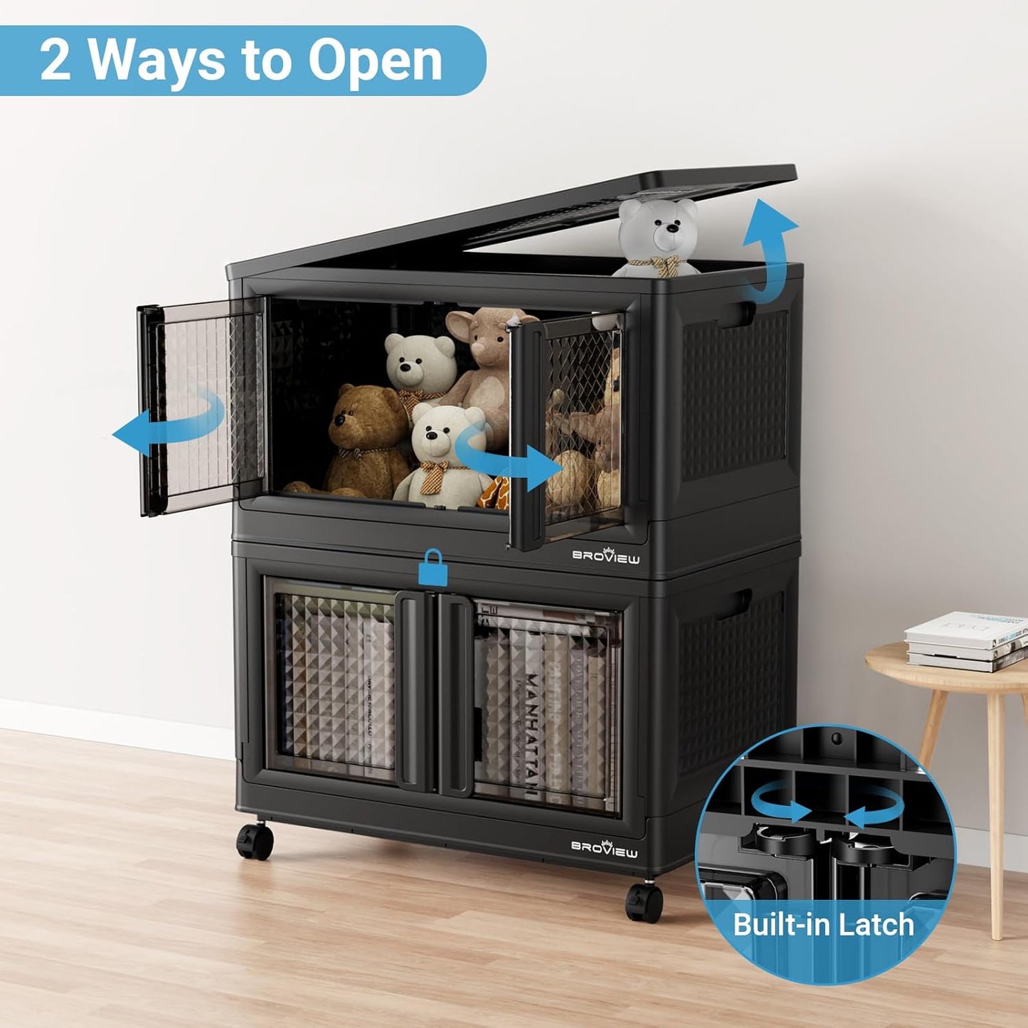 BROVIEW 400Qt Stackable Storage Bins with Lids, 100Gal Closet Organizers and Storage Drawer, Plastic Collapsible Storage Bins with Doors, Heavy Duty Store Box Cabinet for Home Kitchen, 4Pack Black