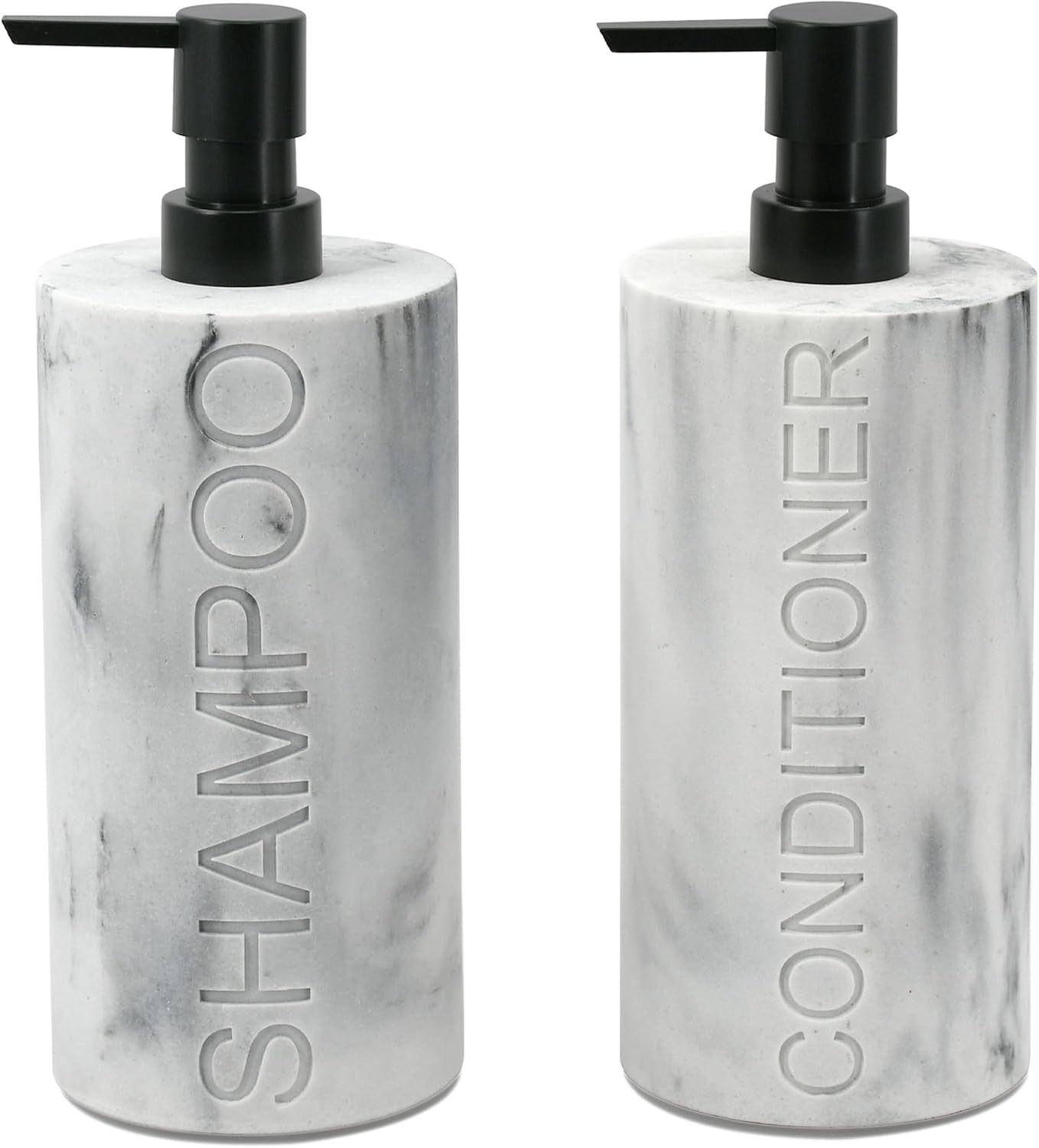 Marble Resin 2 Piece Shampoo and Conditioner Dispenser Set, Luxurious Refillable Pump Bottles with Matte Pump Top and Embossed Text, Durable Design for Bathroom and Shower