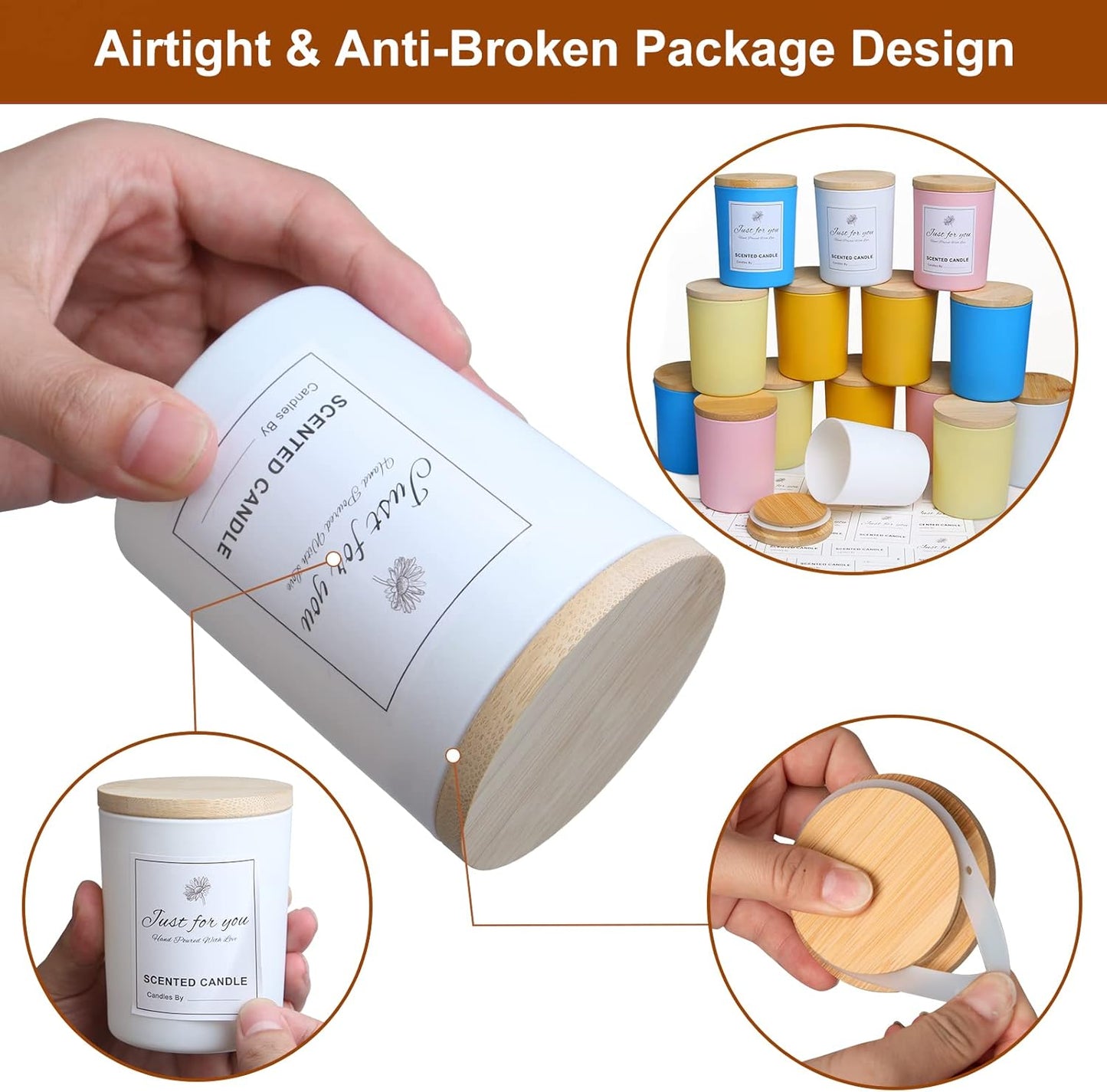 CONNOO 15 Pack Colorful Glass Candle Jars with Bamboo Lids for Making Candles, 7 oz Empty Candle Tins with Wooden Lids, Bulk Clean Candle Containers - Dishwasher Safe