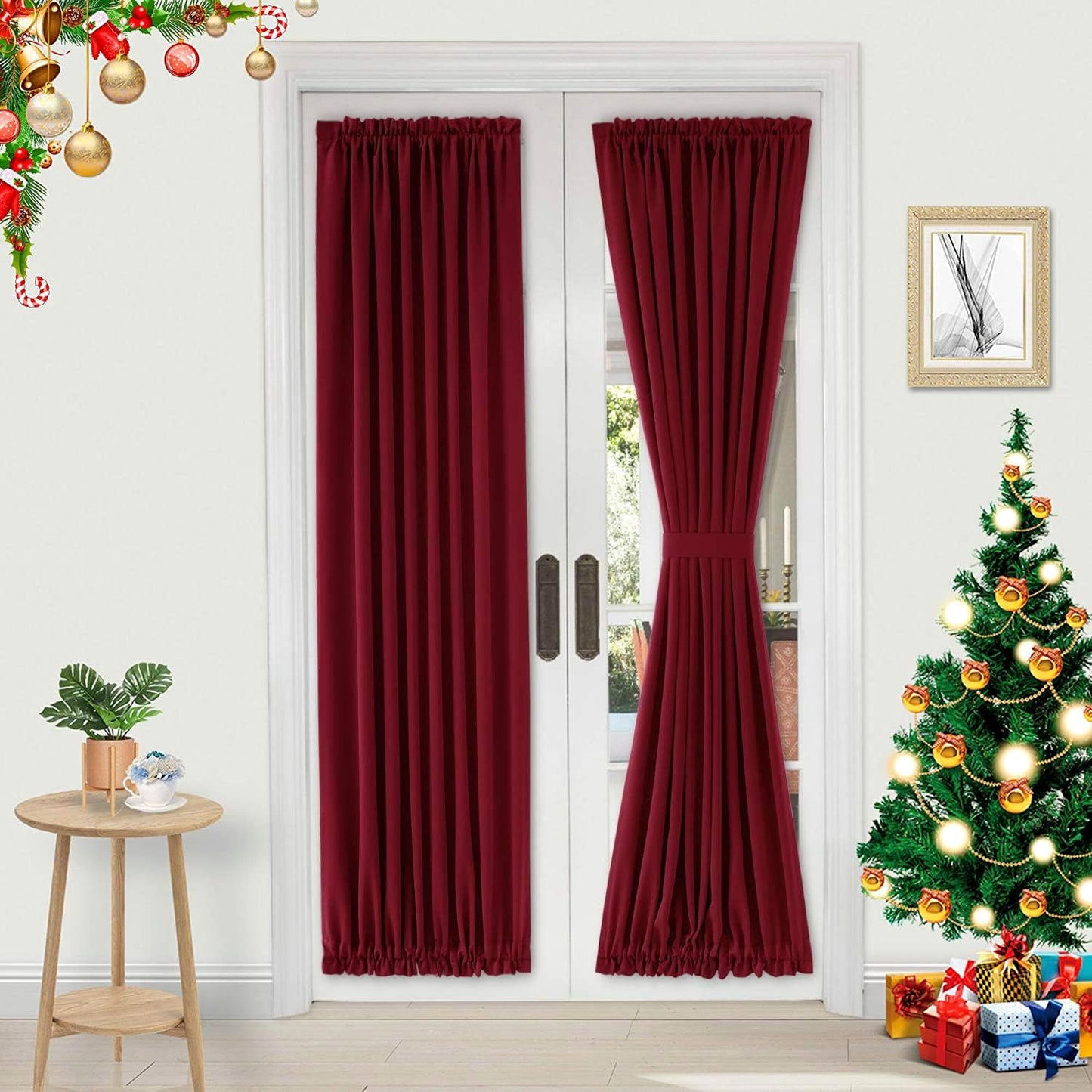 DWCN French Door Curtains – Rod Pocket Thermal Blackout Curtain for Doors with Glass Window, Christmas and Patio Doors for Privacy, 36 X 72 Inches Long, 1 Curtain Panel with Tieback,Burgundy