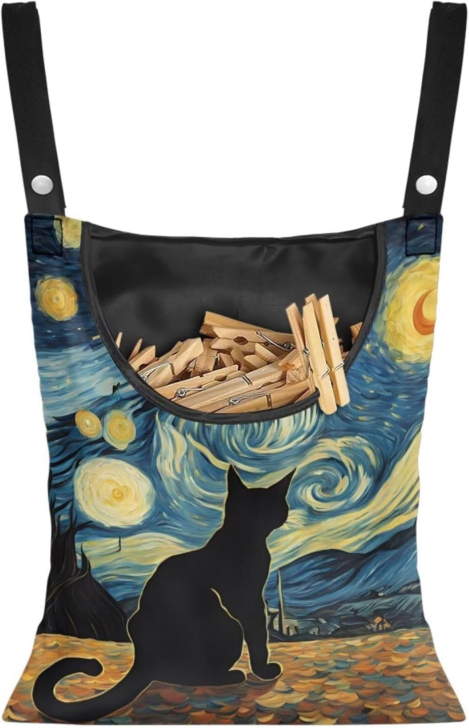Button Fastening Clothespin Holder 14.5"x12" - Large Access Opening with Durable Binding - Professional Grade Hanging Organizer for Daily Laundry Needs Starry Night Kitten Print