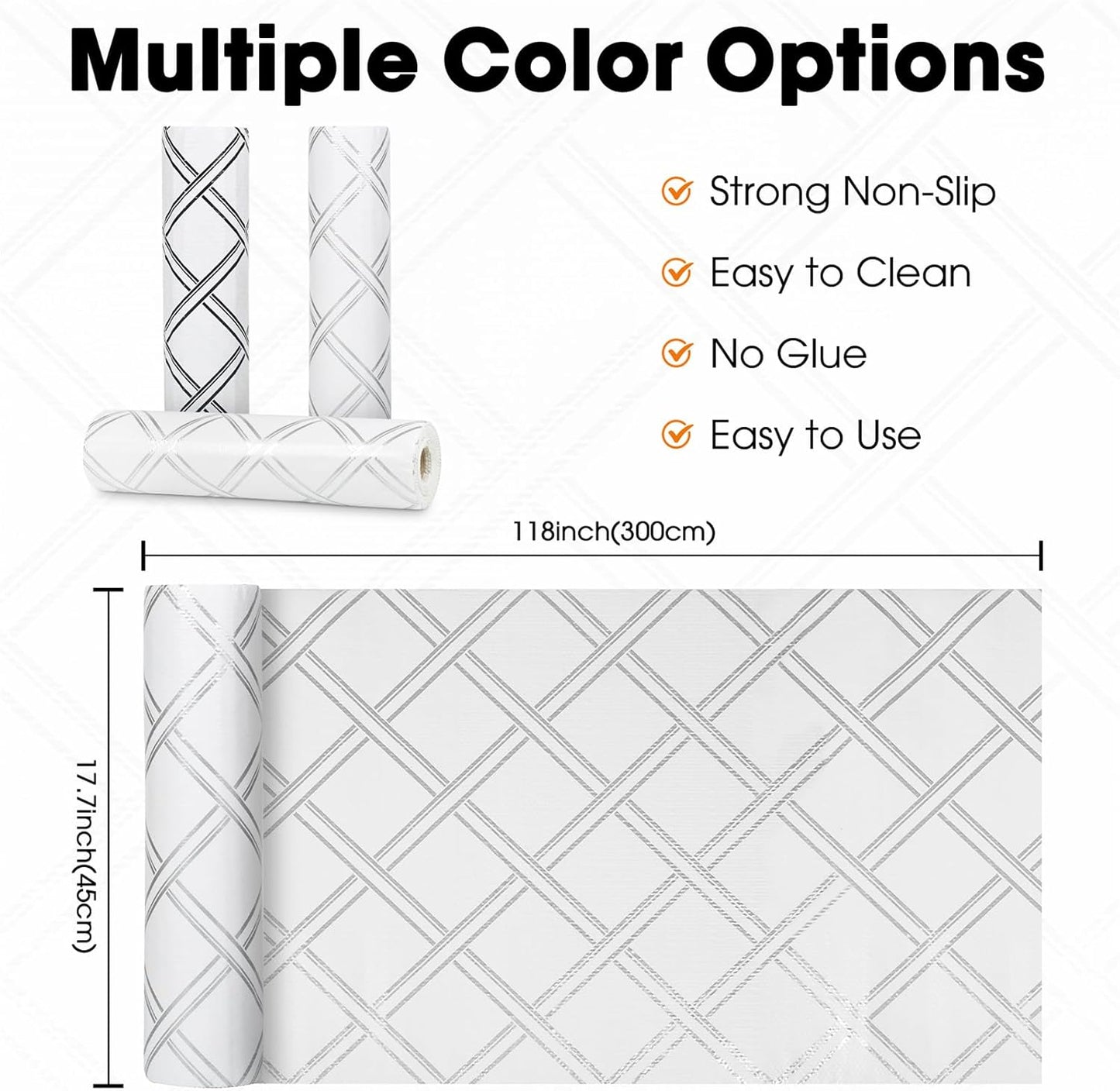 Drawer and Shelf Liner for Kitchen Cabinets Non-Adhesive Cabinet Liners for Shelves Strong Grip Non Slip Waterproof Cupboard Liner for Dresser Refrigerator, Bathroom,Silver Geometric,17.5IN X 10FT