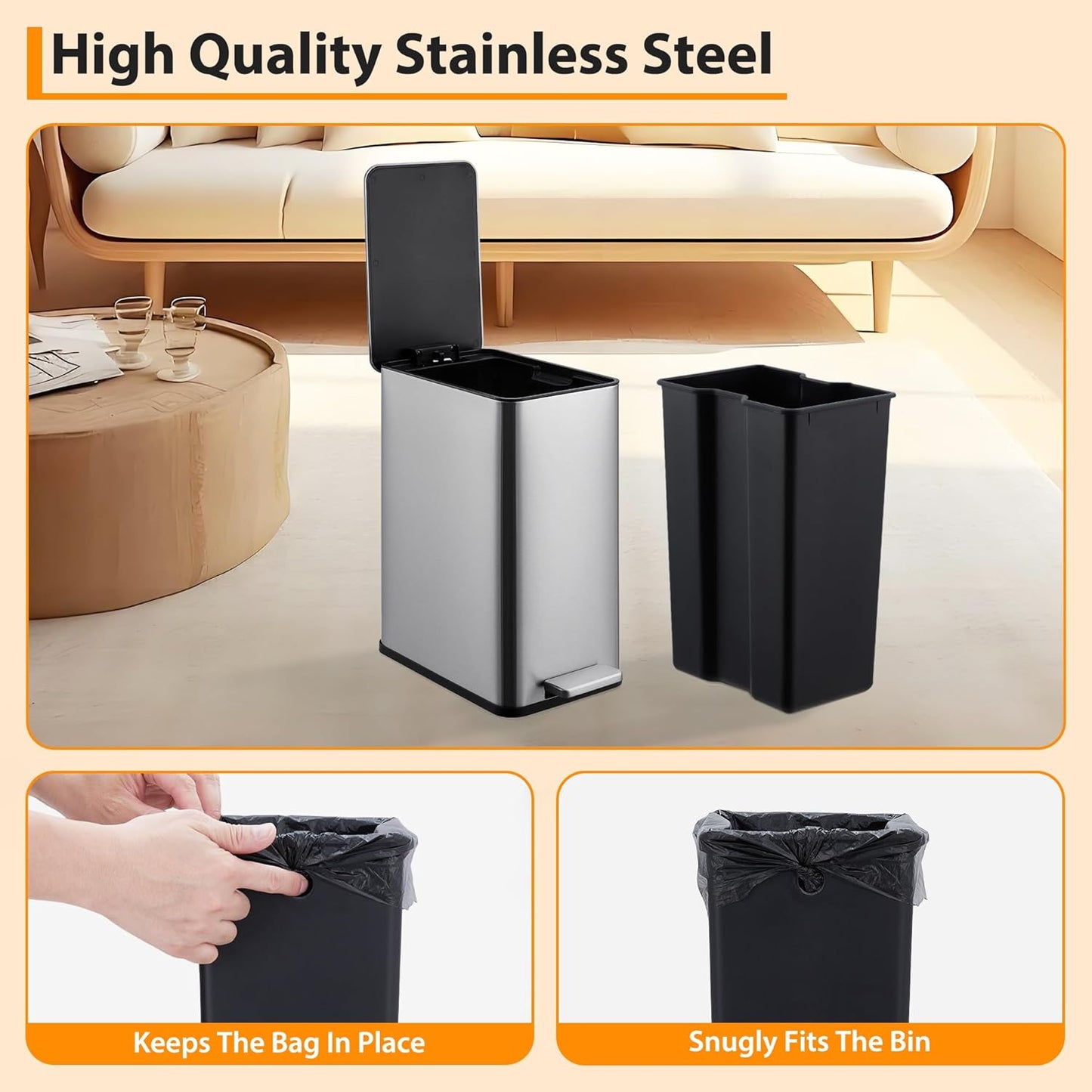 2.6 Gallon Kitchen Trash Can, Stainless Steel Garbage Can with Soft-Close Lid, Step Rubbish Bin with Removable Inner Bucket, Narrow Recycle Bins for Kitchen, Bathroom, Bedroom