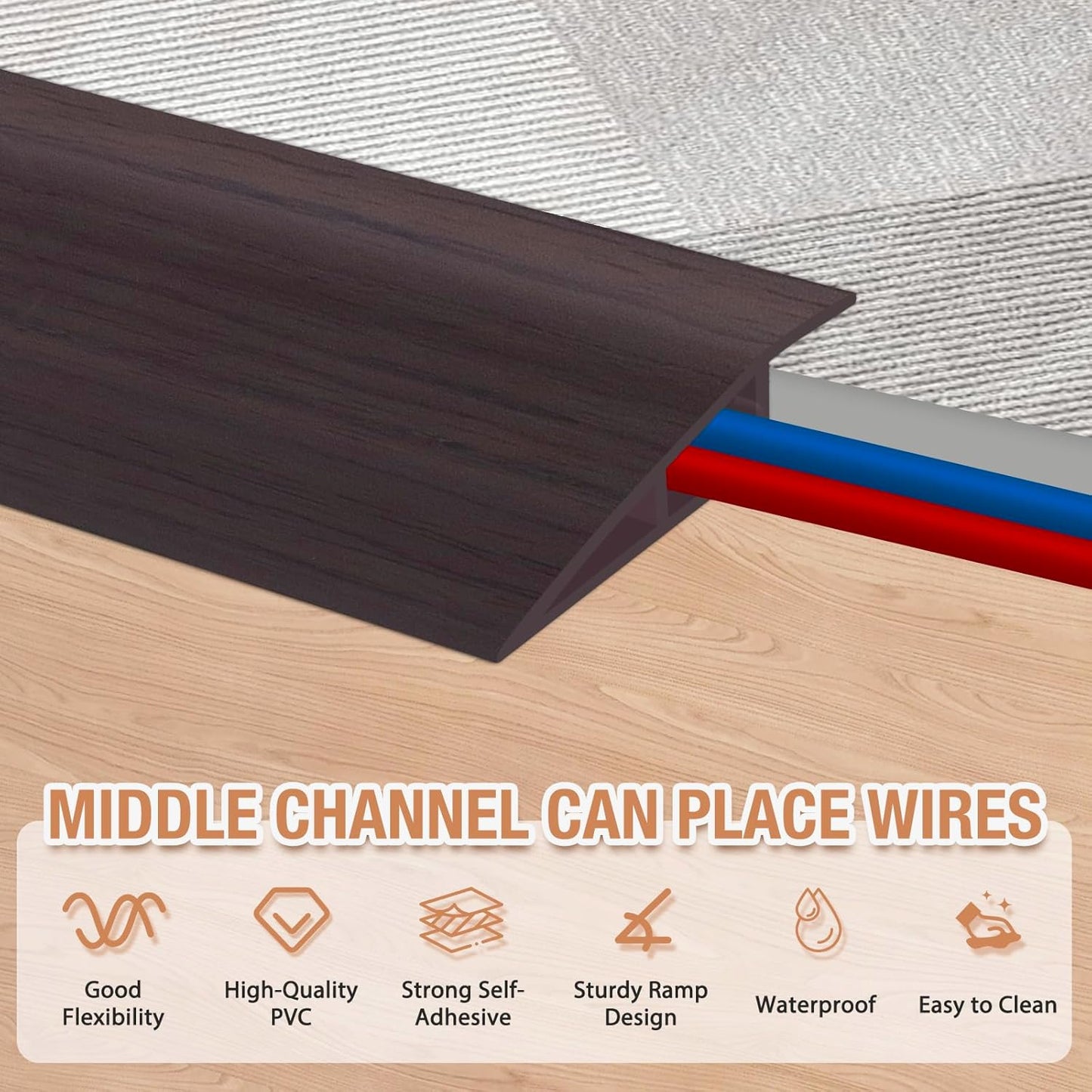 Floor Transition Strip Self Adhesive Vinyl Door Threshold for Doorways Carpet Edging Trim Overlap Edge Reducer for Laminate Floor, Carpet, Tile (Dark Walnut Grain, 1/5" to 2/5", 10Ft)