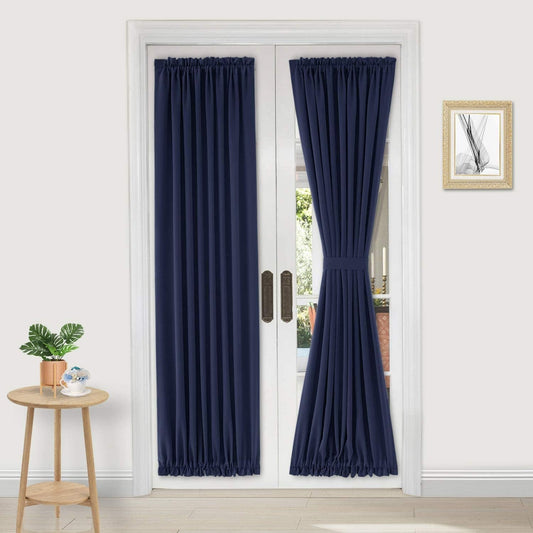 DWCN French Door Curtains – Rod Pocket Thermal Blackout Curtain for Doors with Glass Window, Kitchen and Patio Doors for Privacy, 36 X 72 Inches Long, 1 Curtain Panel with Tieback,Navy Blue