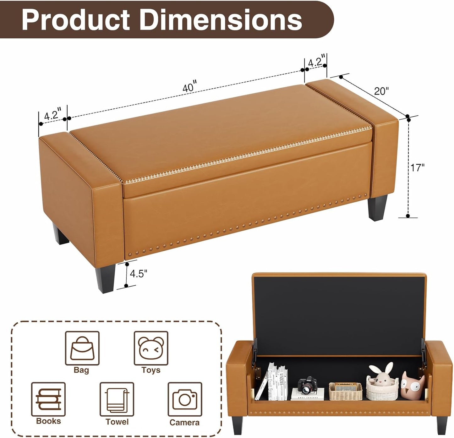 48.8" Storage Ottoman Bench Brown | Faux Leather Bedroom Bench with Lift Top for Living Room & Bed End