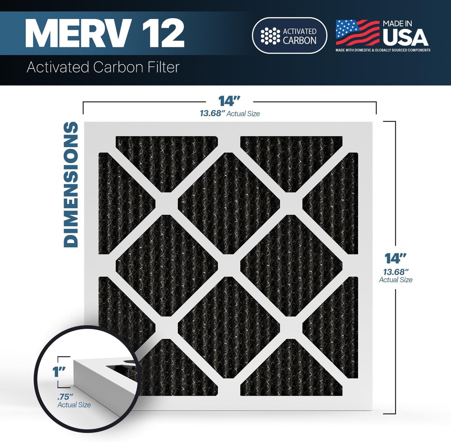 BNX TruFilter 14x14x1 MERV 12 Odor Defense (6-Pack) AC Furnace Air Filter with Activated Carbon - MADE IN USA - Pleated Air Conditioner HVAC AC Furnace Filters - Removes Odor, Mold, Bacteria, Smoke