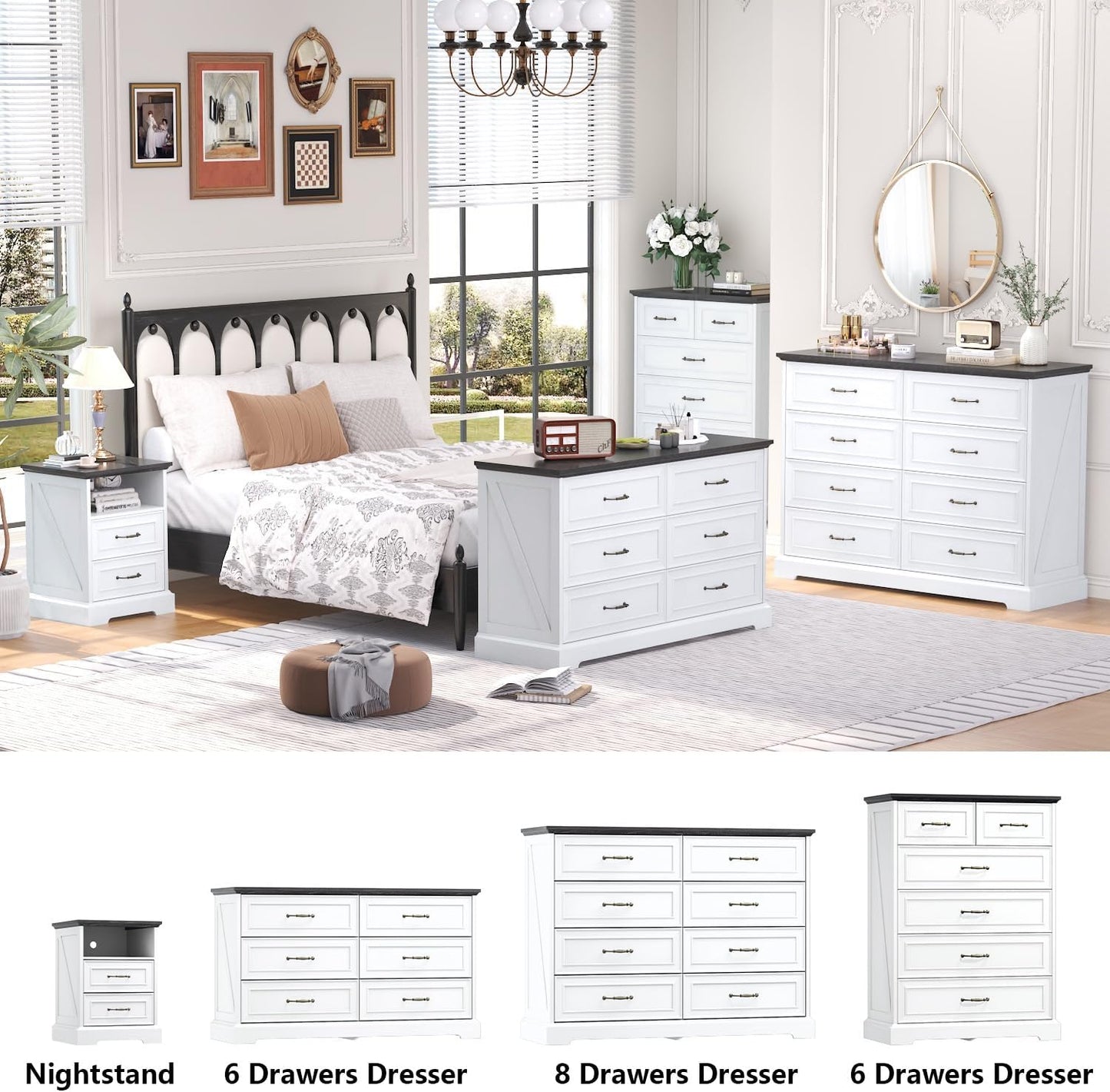 6 Drawer Dresser for Bedroom, 43" Tall Wooden Chest of Drawers, Rustic Farmhouse Dresser with Large Drawers & Metal Handles, Modern Storage Organizer for Closet, Living Room, Hallway, White