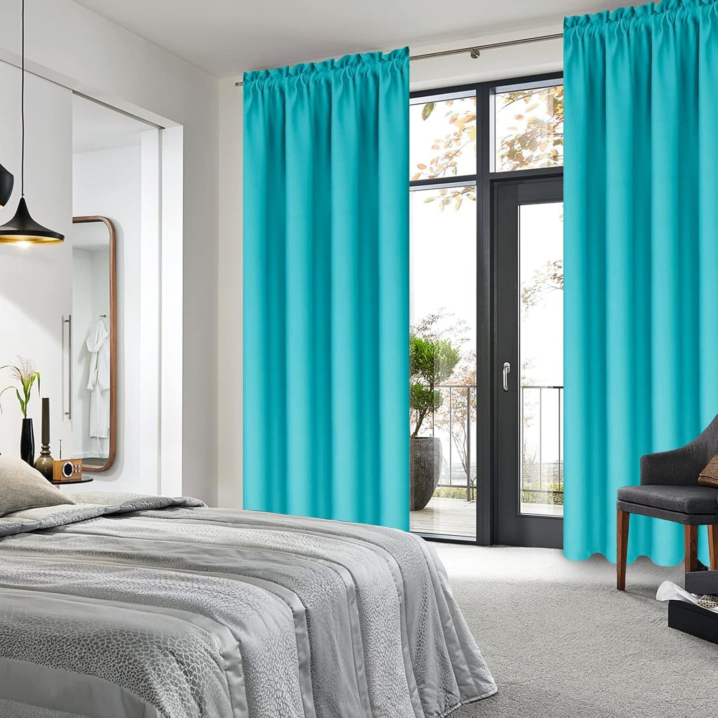 DWCN Blackout Curtains for Bedroom – Thermal Insulated Energy Saving Drapes for Living Room, Turquoise, W 38 x L 84 Inch, Set of 2 Rod Pocket Curtain Panels