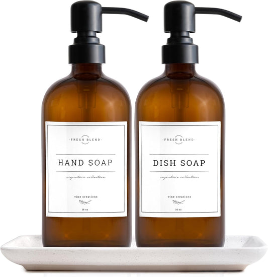 Vine Creations Amber Glass Soap Dispenser, 2 Pack Kitchen Soap Dispenser Set with Ceramic Tray, Stainless Steel Pump, Dish Soap and Hand Soap Dispensers for Bathroom Decor with Waterproof Labels