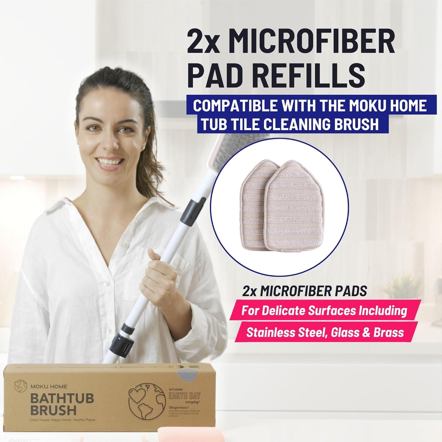 Replacement Microfiber Pad for Moku Home Extendable Tub Tile Shower Scrubber for Cleaning Non-Scratch (2X Microfiber Pads Gray)