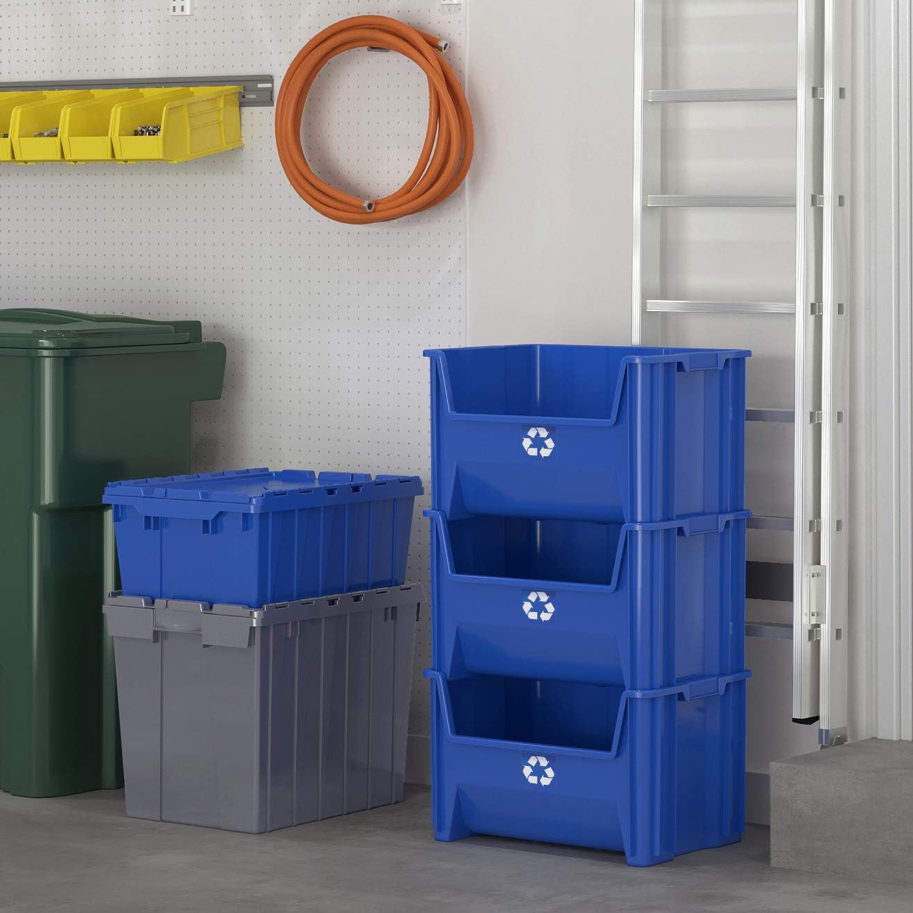 Commercial Industrial Heavy Duty Stackable Open-Front Recycling Bin Box Containers, 12.5 Gallon (Pack of 3), Blue