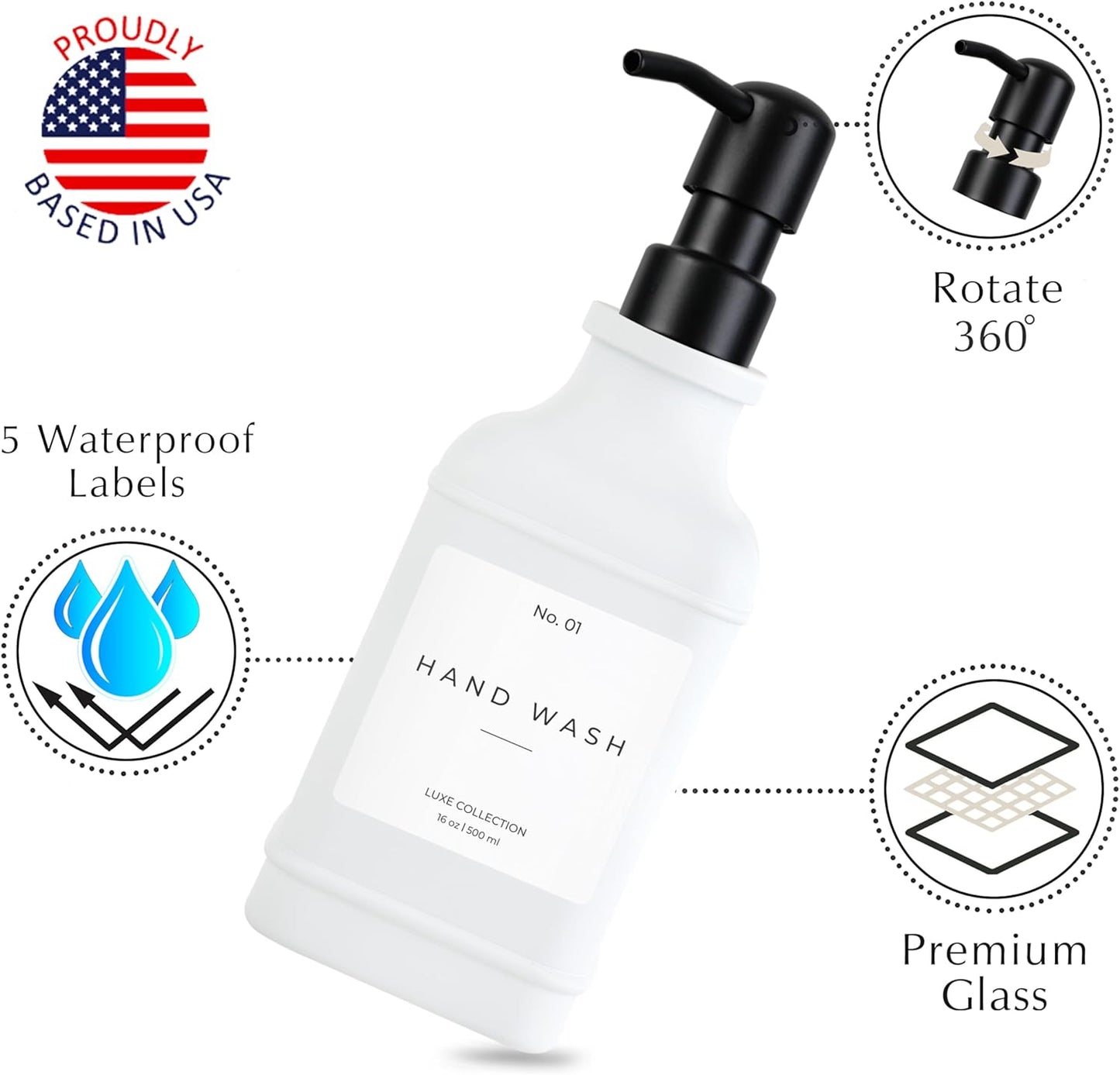 Emerson Essentials Soap Dispenser, Dish Soap Bottle Dispenser, Farmhouse Hand Soap Dispenser, Kitchen Soap Dispenser Set - Glass Soap Dispenser with Pump and Labels, 16 Oz, 2 Pack