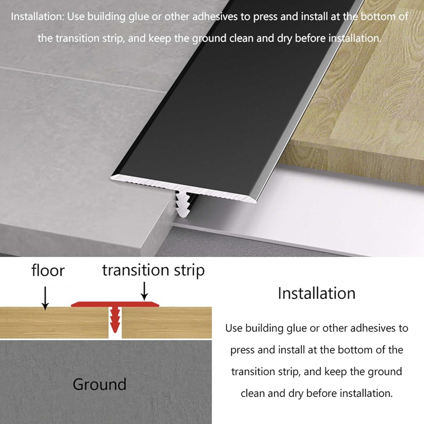 10Pcs Aluminum T Molding Floor Transition Strip, 48In Aluminum T Molding Trim, Floor Strip Floor Flat Divider Strip for Joining Floor Gaps, Threshold, Floor Tiles (Black, 4ft x 0.78in 10Pcs)