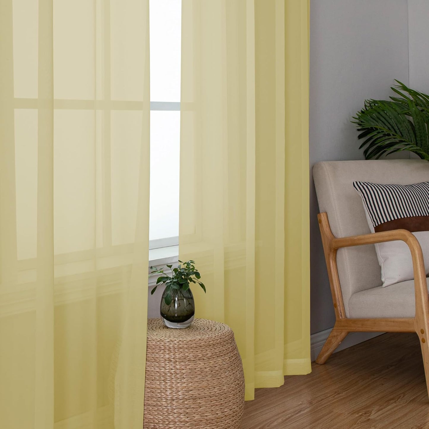 Chyhomenyc Yellow Sheer Curtains 63 Inch Length 2 Panels, Light Filtering Airy Rod Pocket Window Curtain Treatment Drapes for Bedroom Living, Each 42Wx63L Inches