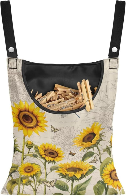 2 Pcs Sunflowers Print Clothespin Bag, Laundry Hanging Bag Fits Clothes Lines, Pin Bag with Hanging Rope for Home Outdoor for Hanging Clothes Outside Balcony Bathroom Corridor Yard
