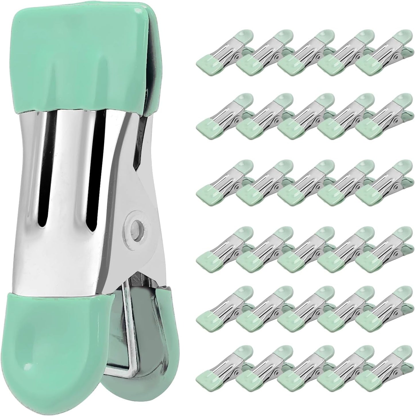 Clothes Pins Heavy Duty 30 Pack - 2.17 Inch Metal Chip Clips, Clothespins for Photo Drying Clothesline Laundry Sock, Bag Clips for Food Kitchen Stainless Steel with Rubber, Light Green