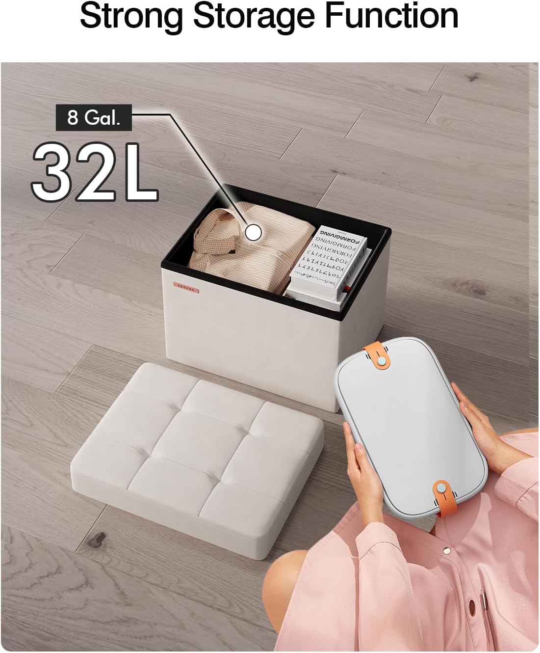 Folding Storage Ottoman, Velvet Storage Bench, Footrest, End Stool, Foot Stool,for Living Room, Bedroom and Office,12.2 x 16.1 x 12.2 Inches, 300 kg Load Capacity,Cream White, UASND03W