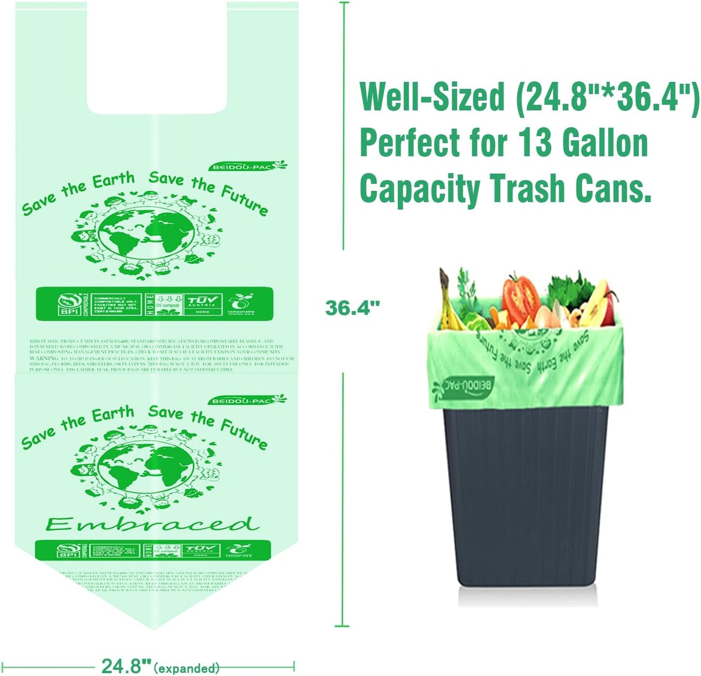13 Gallon Compostable Trash Bags, 30 Count, Compost Bags Tall Kitchen Trash Bags with Handle, Sturdy Biodegradable Garbage Bags Food Scrap Waste Bags, ASTM D6400, US BPI Certified