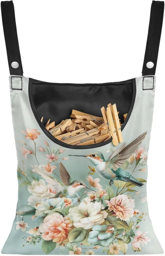 Hummingbird Floral Clothes Pin Bag to Hang On Line Reusable Clothespin Holder Laundry Room Clothespin Holder with Large Opening Space-Saving Clothespin Storage Solution