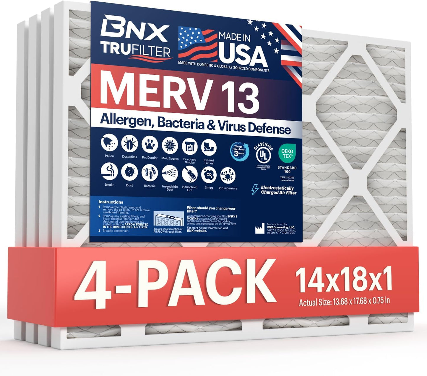 BNX TruFilter 14x18x1 MERV 13 (4-Pack) AC Furnace Air Filter - MADE IN USA - Electrostatic Pleated Air Conditioner HVAC AC Furnace Filters - Removes Pollen, Mold, Bacteria, Smoke