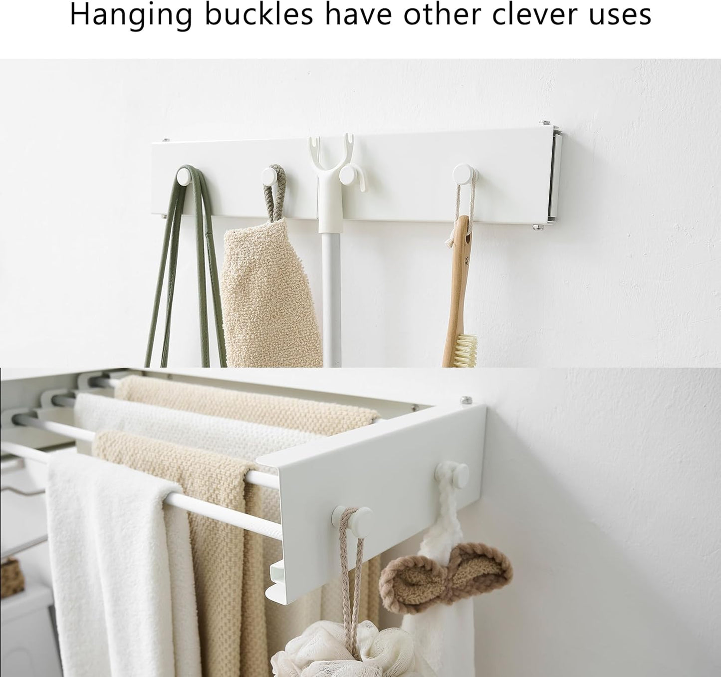 Clothes Drying Rack, Laundry Hanger Dryer Rack, Wall Mounted Drying Rack for Laundry, Foldable Drying Rack Indoor Outdoor,19.7" Wide,4 Aluminum Rods with Hooks, 40 lb Capacity (White 19.7" Hooks)