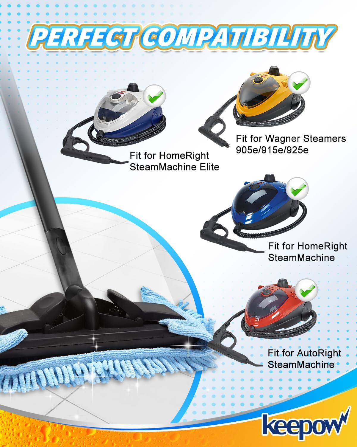 KEEPOW Microfiber Steam Mop Pad Compatible with Wagner Steamer 905e, 915e and 925e Microfiber Pads, Machine Washable Reusable Microfiber Chenille Replacement Pads, 4 Pack (Mop is Not Included)