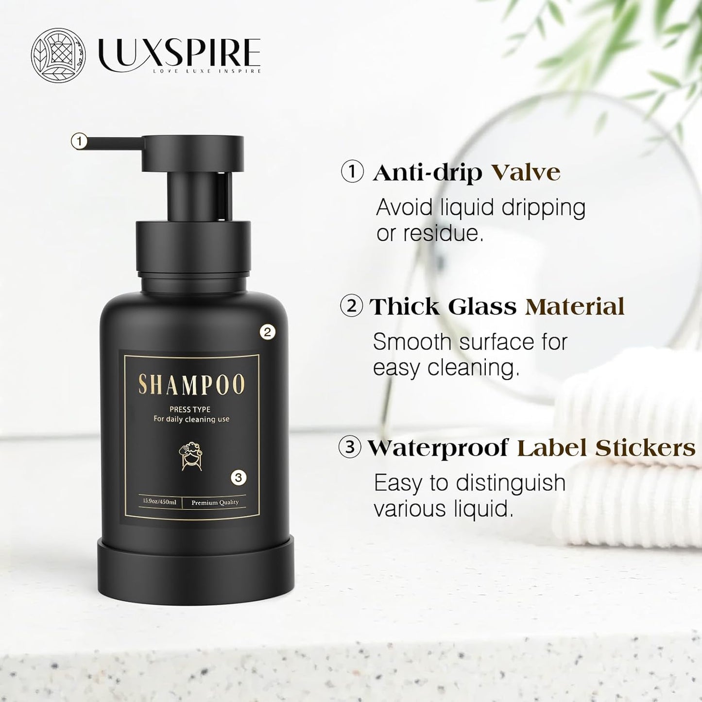 Luxspire Foaming Soap Dispenser, Glass Foam Pump Soap Dispenser, Non-Slip Hand Soap Dispenser with 5 Waterproof Labels, 15 Oz Refillable Liquid Soap Dispenser for Bathroom & Kitchen, Black, 1 Pack