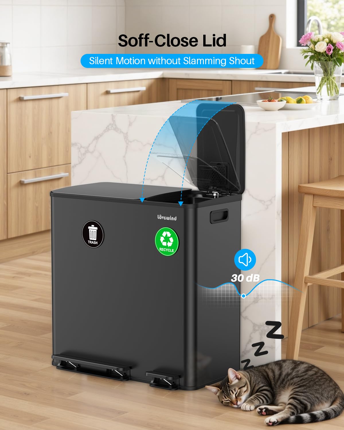 Dual Trash and Recycling Bins for Kitchen, 13.2 + 5.2 Gal (50+20L) Stainless Steel Trash and Recycle Bin Combo with Soft-Close Lid, Large Garbage Cans for Kitchen Home with 2 Magnets Sticker, Black