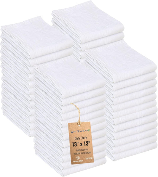 WHITEWRAP Dish Cloths Cotton| Kitchen Wash Cloth| Shop Towels Absorbent and Lint Free Flour Sack| Dishcloths for Kitchen Washing Dishes|Thick Absorbent Quick Dry Dish Rags |50Pack 13"x13" Natural