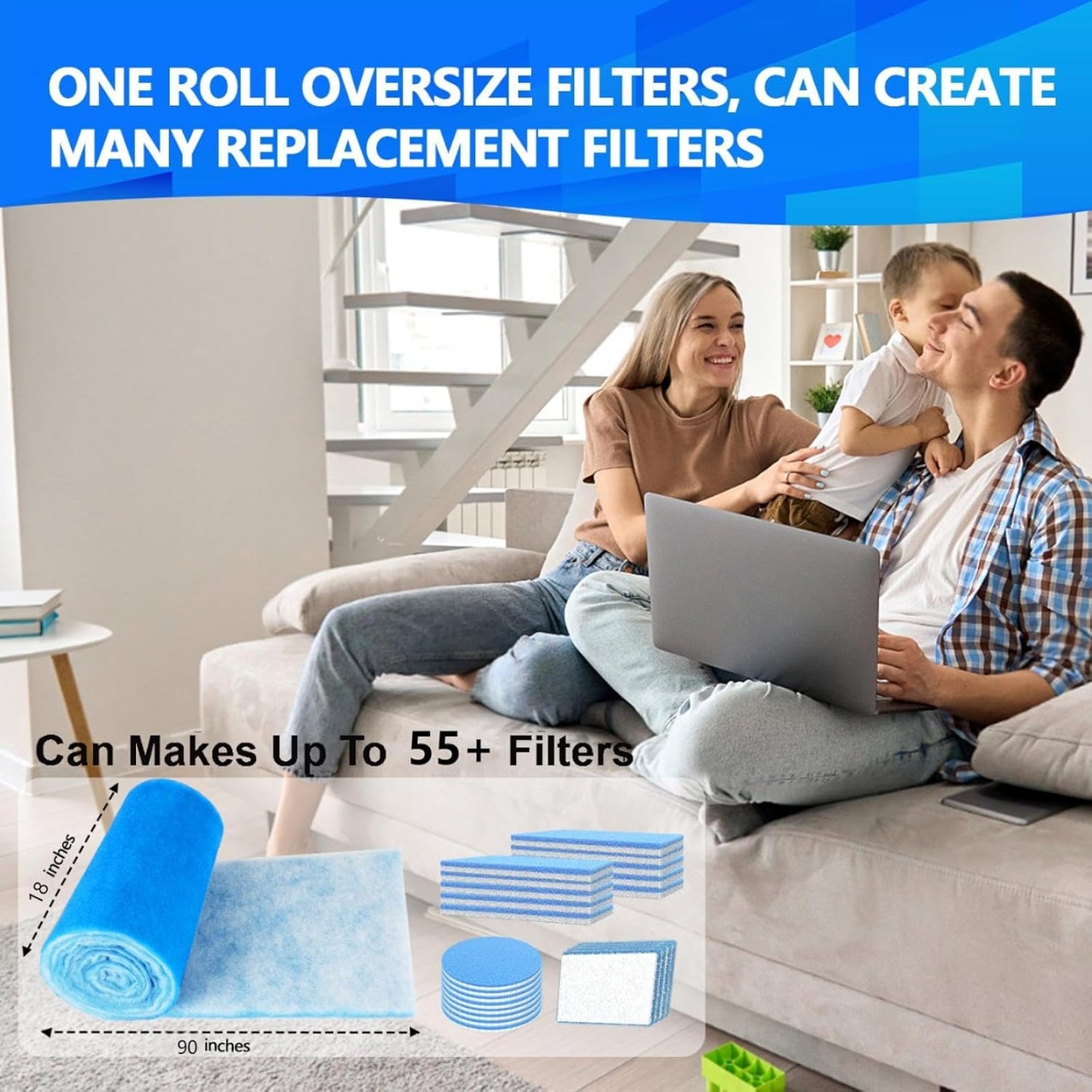 18" x 90" Air Vent Filters, Cut to Fit Air Filter (55+ Filters), MERV 8 Triple Vent Filter for Home Floor, Ceiling, RV, HVAC Furnace Vents, With Adhesive Hook Tape and Installation Tape