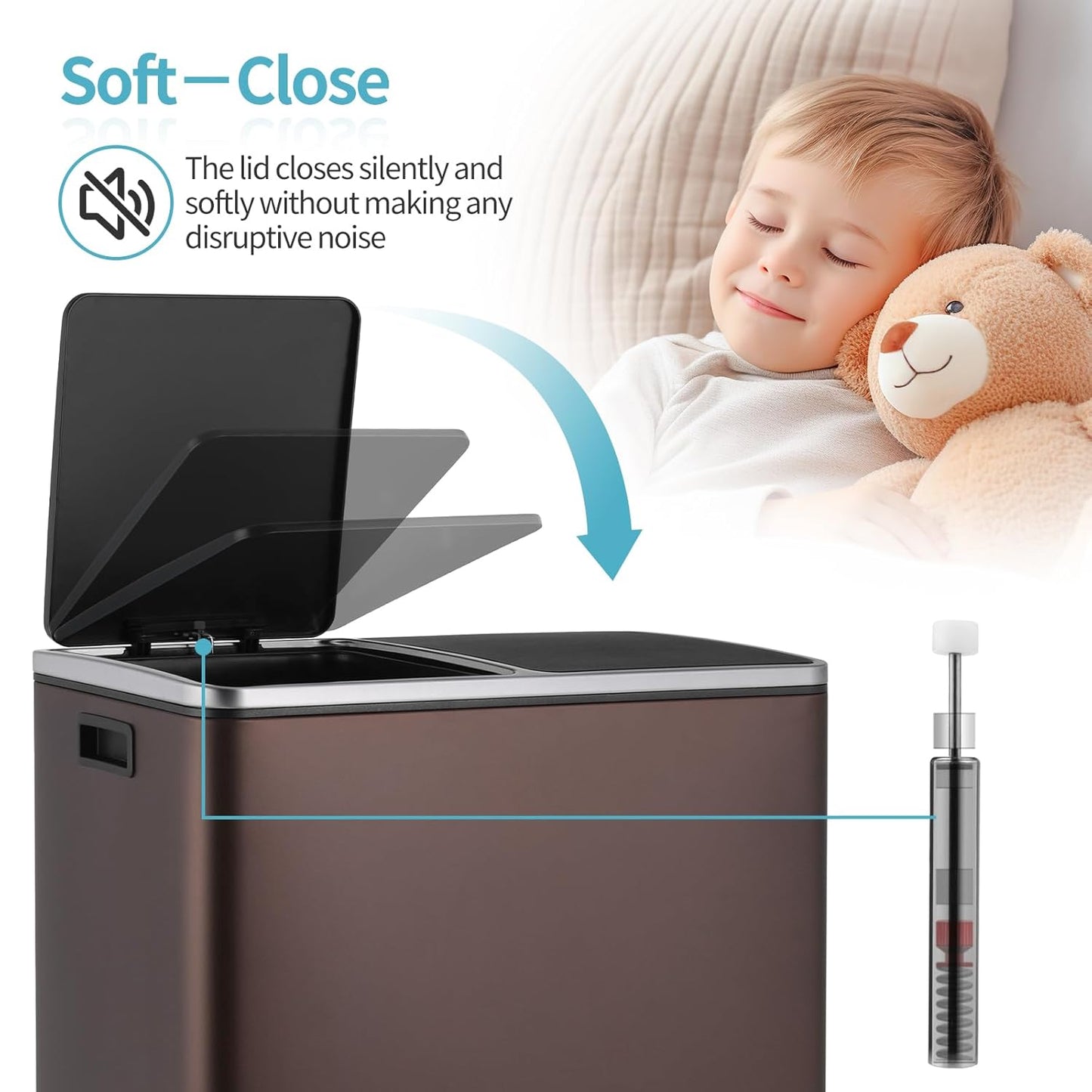 16 Gallon Rectangular Stainless Steel Trash Can, Dual Compartment Garbage Bin with Recycling Combo, Metal Dustbin Lid, Removable Liner, Indoor Hands Free Waste Bucket for Kitchen Home