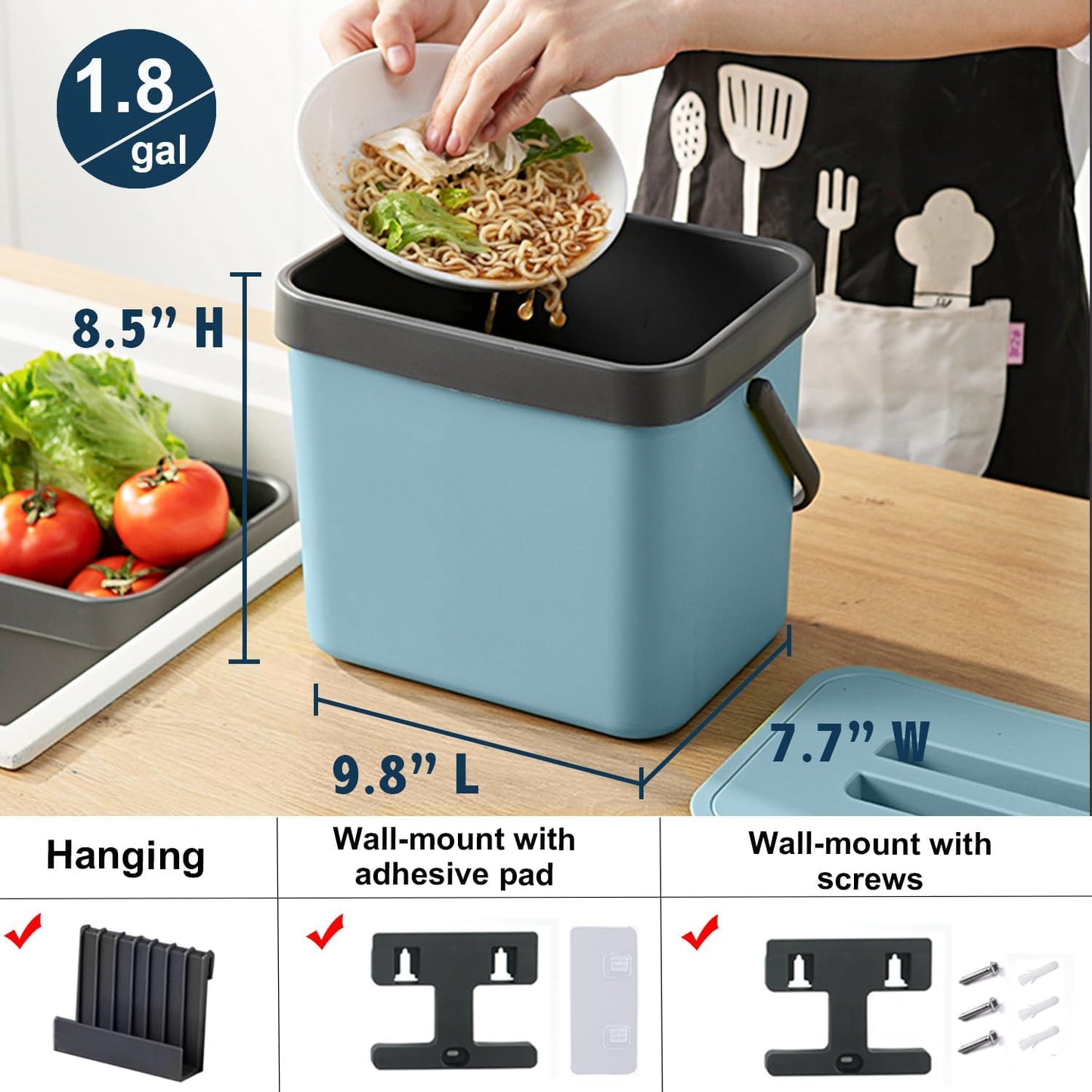 Compost Bin Kitchen, LALASTAR 7L Wall-Mounted Under Sink Small Garbage Can for Kitchen, Odor-Free Food Waste Basket Bin, 1.8 Gallons, Blue