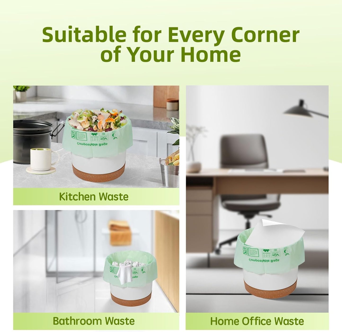 Compostable Trash Bags 3 Gallon, Extra Thick 0.8 Mils, 100 Count, ASTM D6400, BPI, OK Compost Home Certified, Small Kitchen Compost Bags,Green Bin Liners for Food Waste and Composting