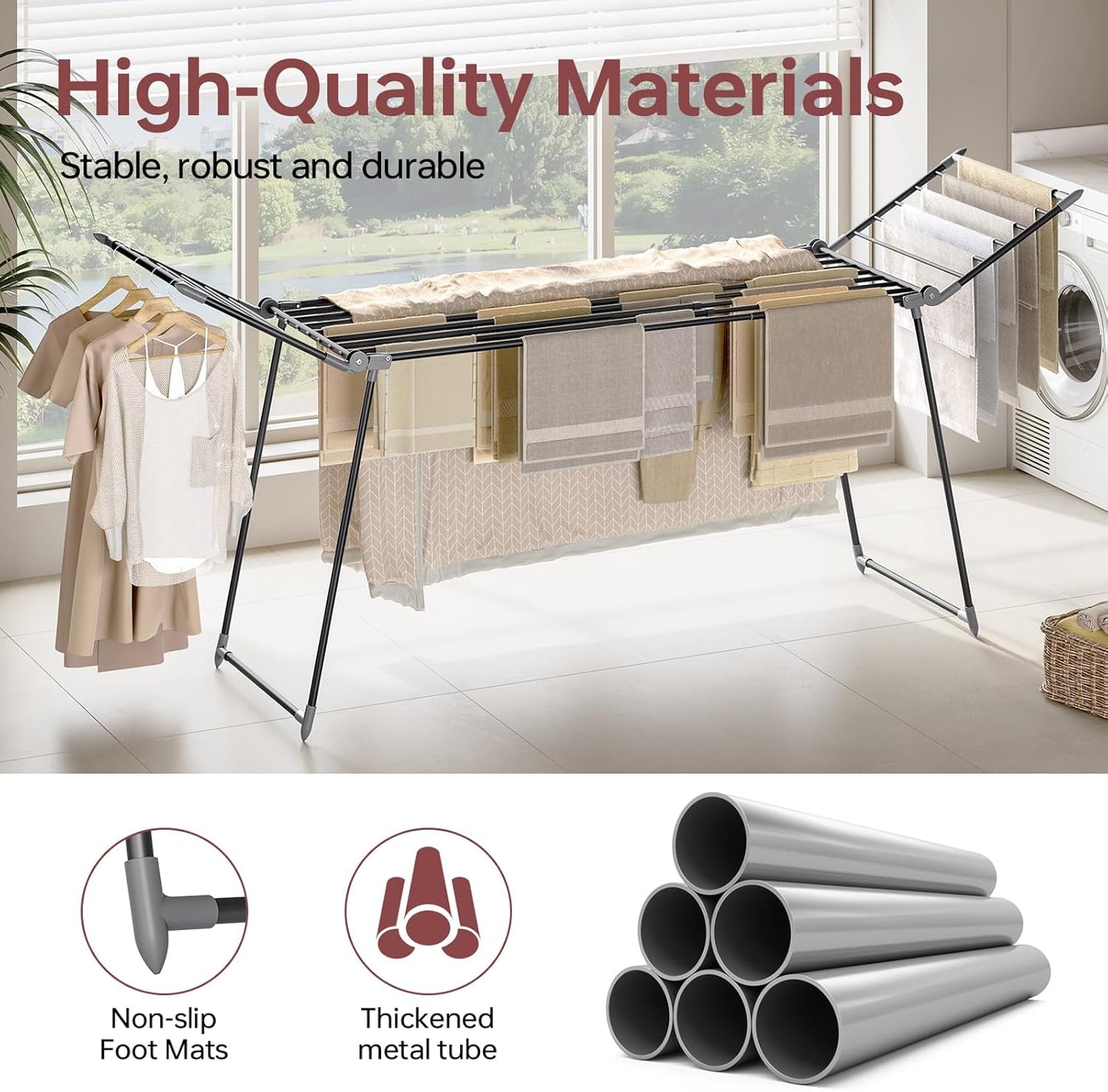 APEXCHASER Clothes Drying Rack Foldable, Large Drying Rack for Clothing Retractable, Winged Laundry Rack Folding Indoor Outdoor, Metal Clothes Airer for Bedding Towel Sweater Heavy Duty, Black