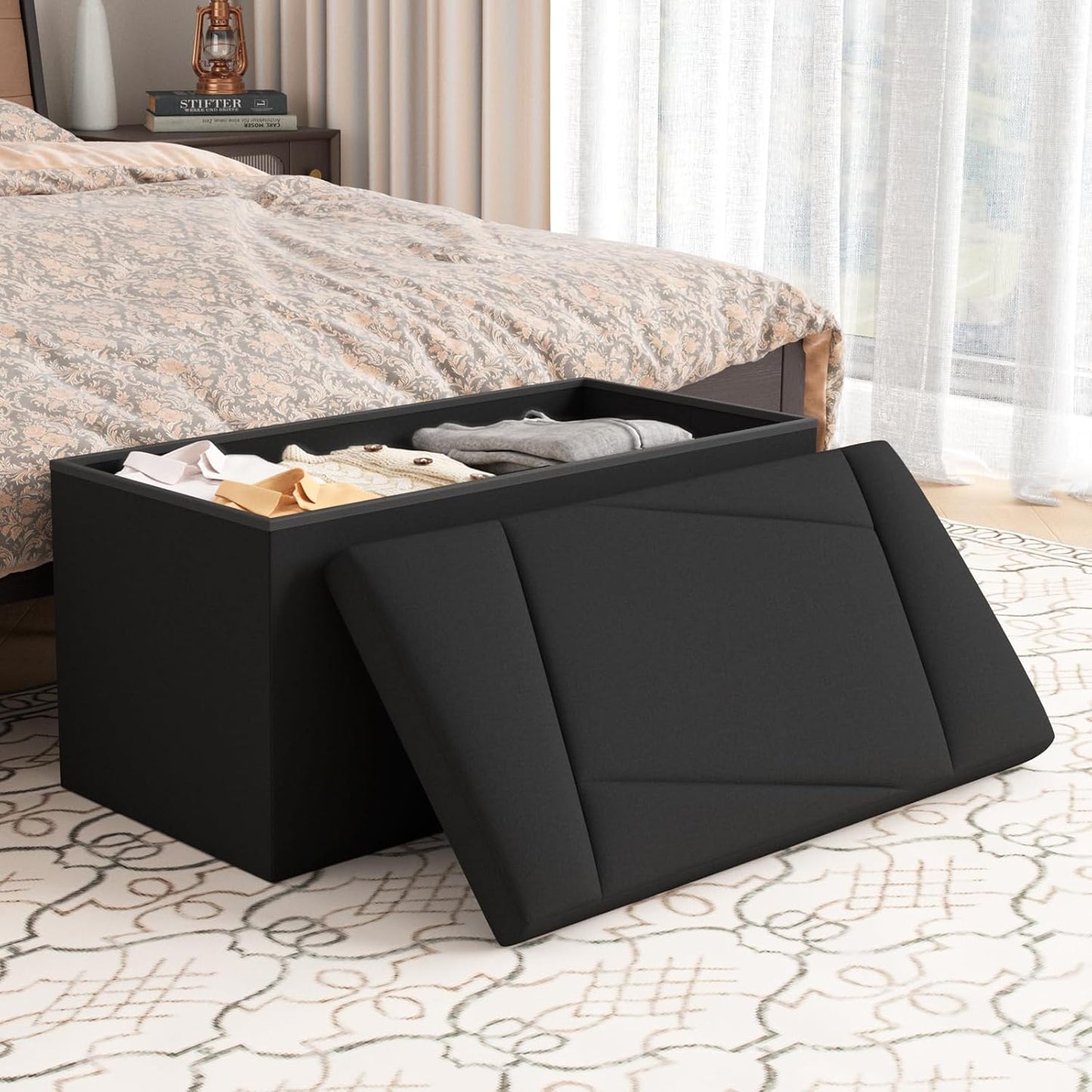 Folding Storage Ottoman Bench, 30 Inches Storage Chest, End of Bed Bench,Folding Ottoman for Bedroom, Entryway and Living Room, 30"x15"x15",Black