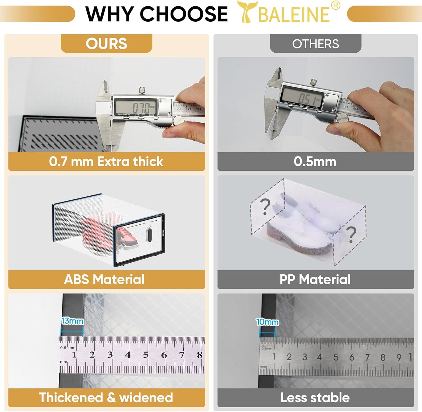 BALEINE 3 Pack Stackable Shoe Storage Boxes Fit Size 11, Thickened Clear Shoe Box Bins with Lids, Plastic Foldable Shoe Rack Organizer Sneaker Storage Containers (X-Large, White)