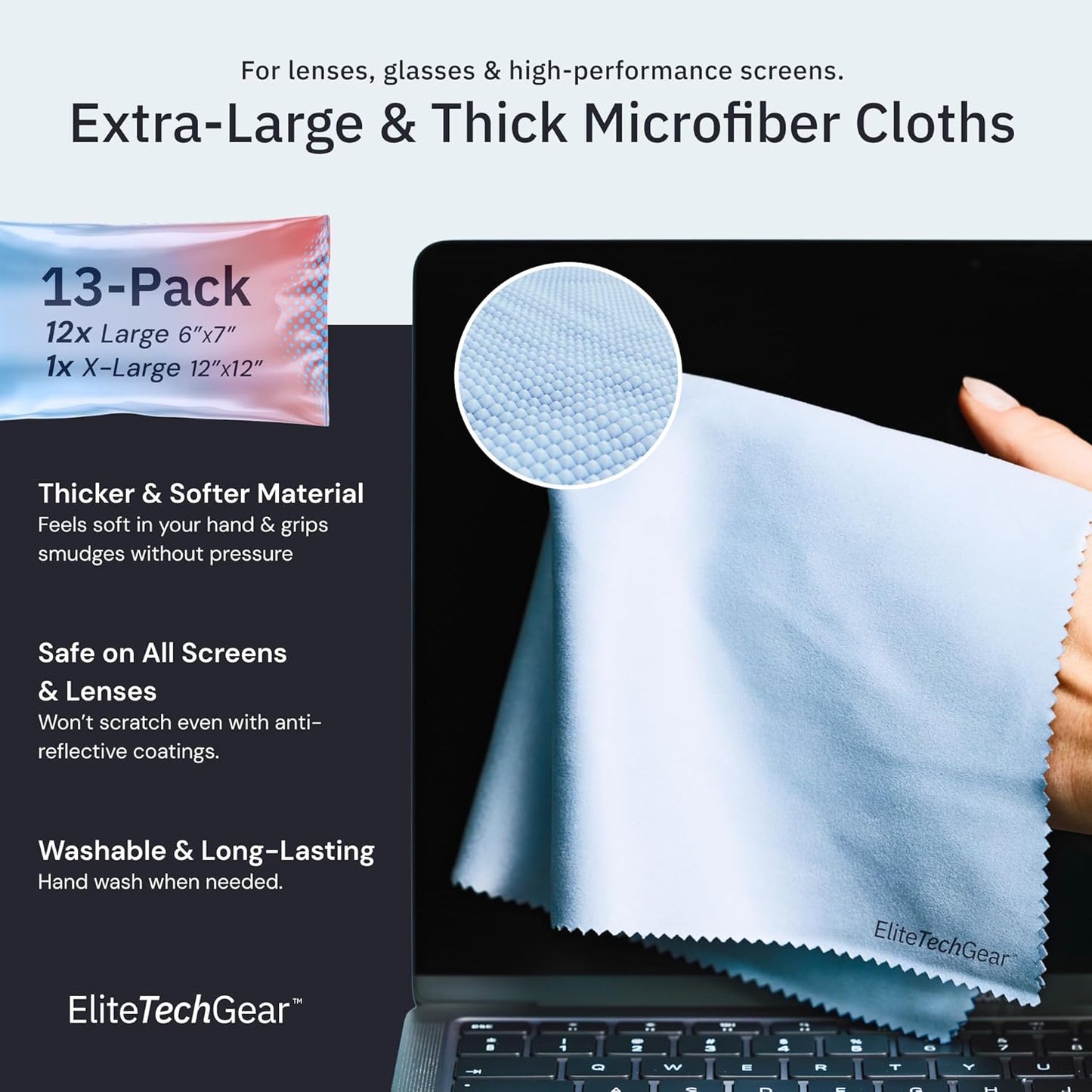 Elite Screens Microfiber Cleaning Cloth Set - 13-Pack, Blue, 6 x 7 in & 12 x 12 in - Smudge-Free Eyeglass Cleaner - Scratch-Free Screen Cleaner - Soft Lens Cleaning Cloth