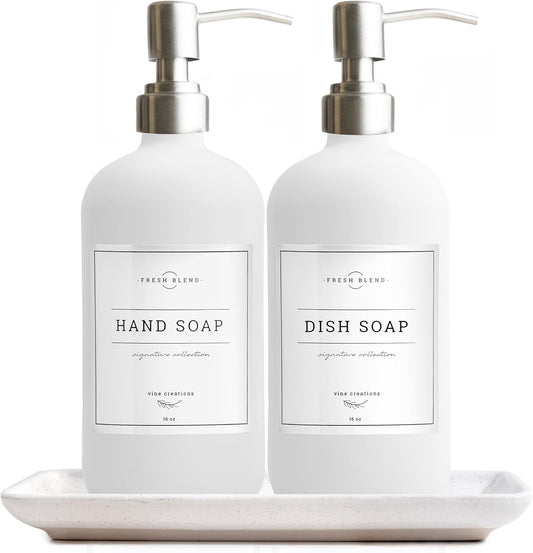 Vine Creations Glass Soap Dispenser, 2 Pack Kitchen Soap Dispenser Set with Ceramic Tray, Stainless Steel Pump, Dish Soap and Hand Soap Dispensers for Bathroom or Kitchen Decor with Waterproof Labels